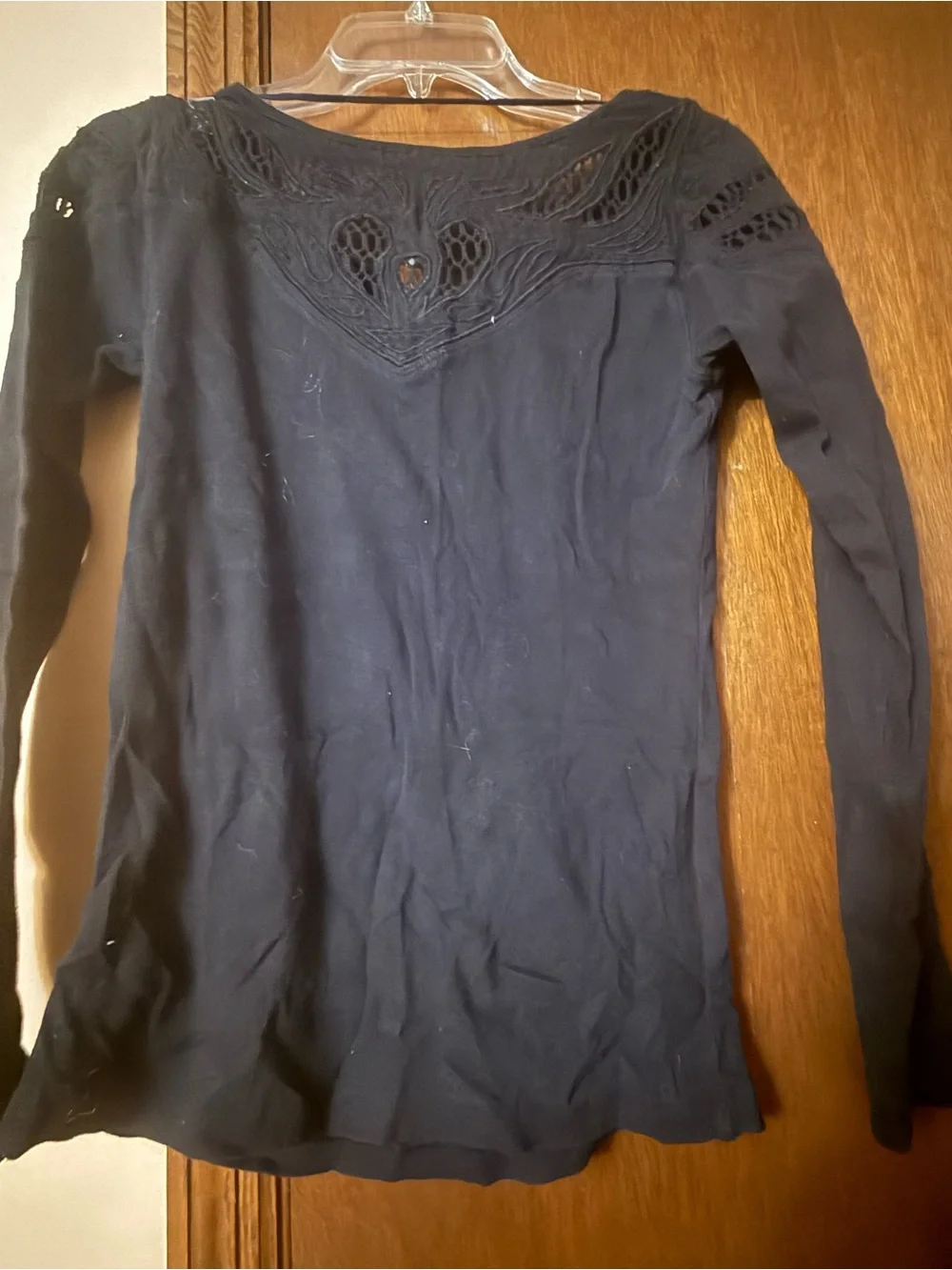 Free People Navy Crochet Yoke Long Sleeve Top